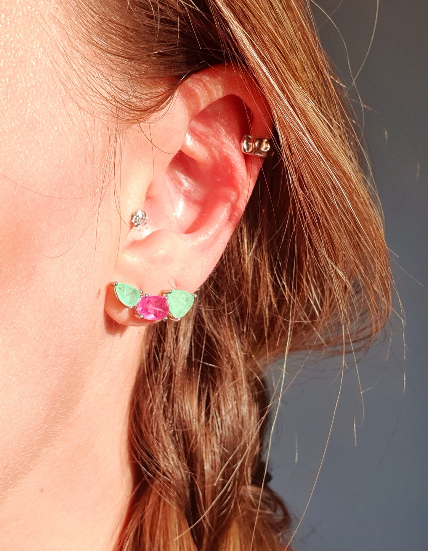 Ear Cuff fusion mini fusion greenery com turmalina rosa