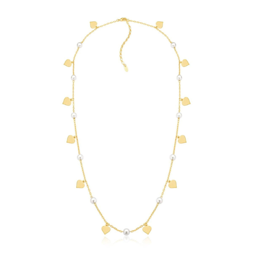 Colar corações e pérolas com banho em ouro 18K. Um verdadeiro encanto!  Semijoia perfeita para quem ama delicadeza e não abre mão da elegância para compor os acessórios e looks. Conta com um extensor de 7 cm em sua corrente para garantir o ajuste perfeito para qualquer ocasião. Excelente escolha para quem busca uma peça única, elegante e versátil. 